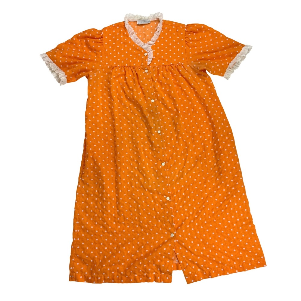 Miss Elaine At Home Orange Polka Dot Lounge Dress Snap Front Lace Trim Vintage